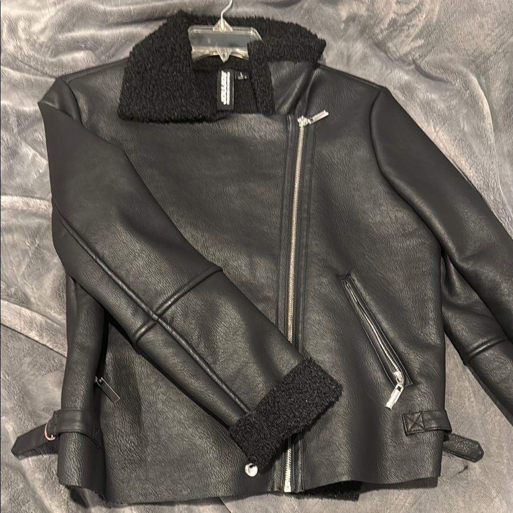 Jou Jou Black Leather Moto Jacket with Quilted Panels